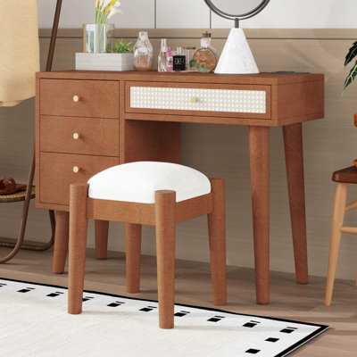 Ensemble de coiffeuse à maquillage en bois rétro avec prise de charge, port USB et tabouret, coiffeuse avec 3 tiroirs et 1 tiroir rectangulaire en rotin