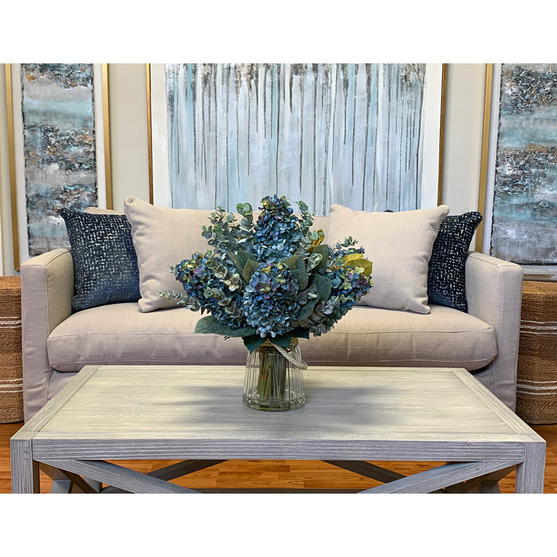 Blue Hydrangea and Lilac Faux Floral Arrangement in Glass Vase