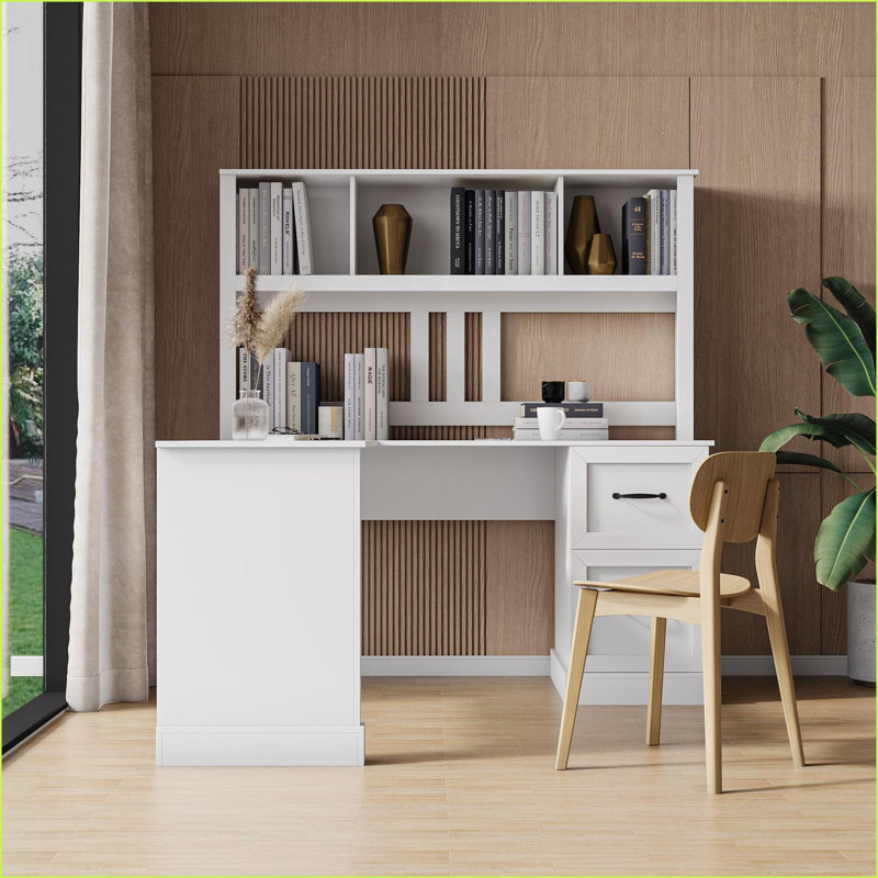 Bureaux avec huche, bureau d'ordinateur blanc antique avec tablettes de rangement Tiroirs | Panneau de fibres à densité moyenne | Blanc