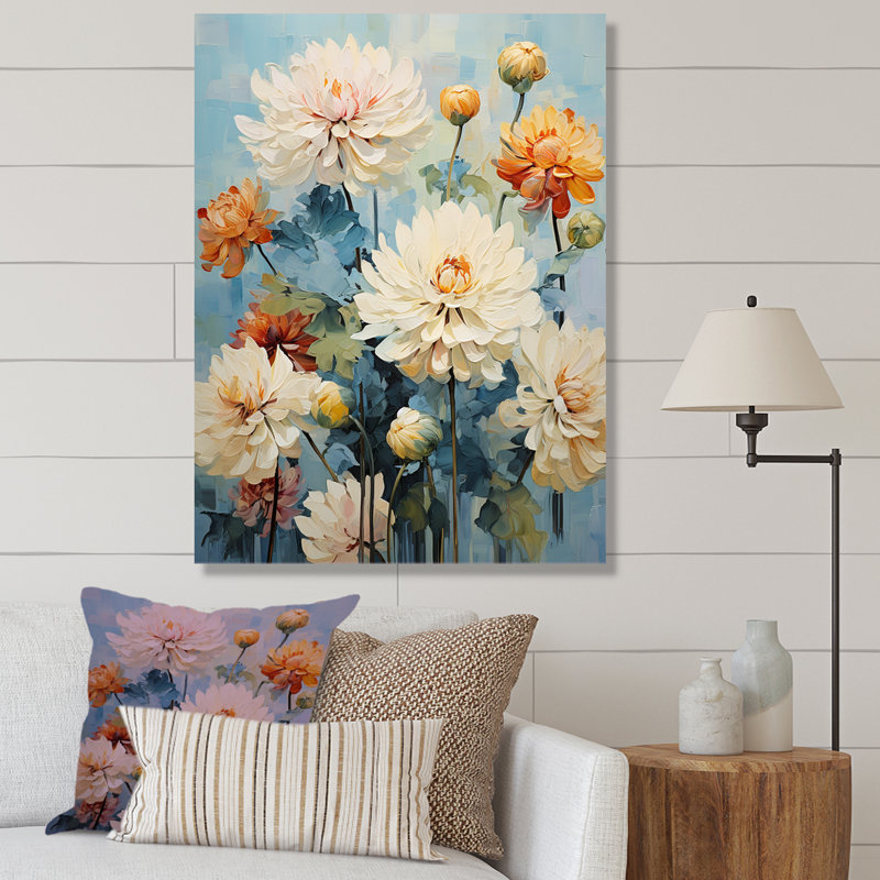 «Blue Blooms Zinnias Flowers I» sur toile, Toile tendue, H 32 po x l 16 po