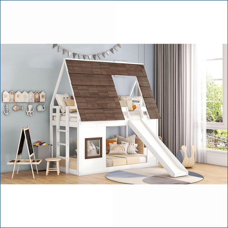 Lit superposé simple au-dessus d'un lit simple en bois de pin avec échelle de toit coulissant blanc et brun - peu encombrant, pas besoin de sommier
