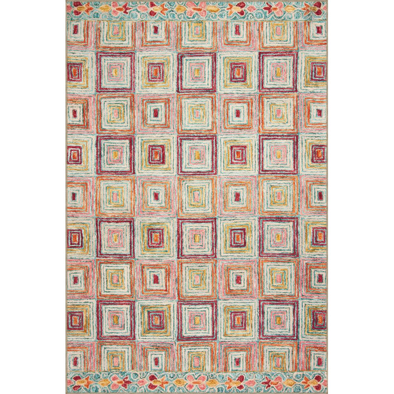 Tapis tissé à motif de losanges crème lavable à la machine, Carré 3 pi 3 po
