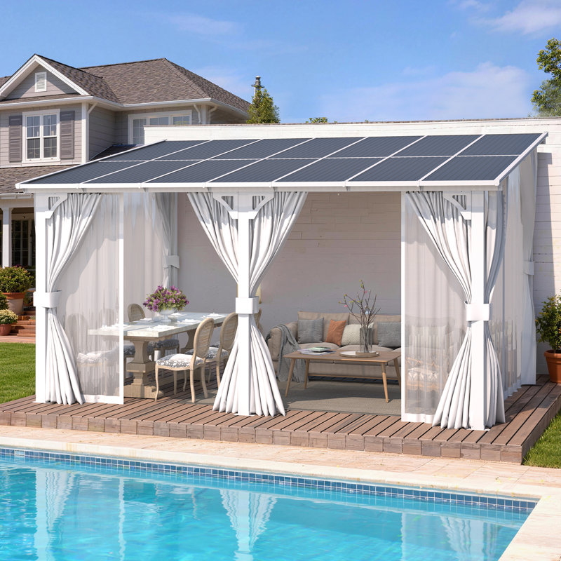White Hard Top Lean To Gazebo Pergola With Curtains And Mosquito Netting, 96” H x 168” W x 120” D