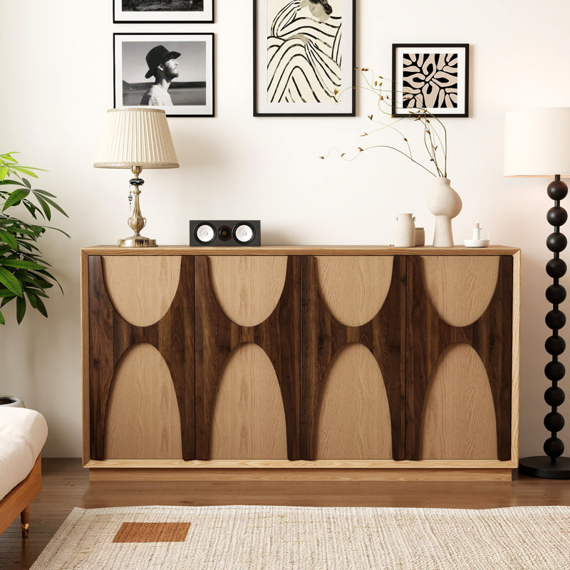 59.69" Modern Sideboard – 2-Inch Classic arched solid wood doors with a retro feel, Brown/Yellow, No
