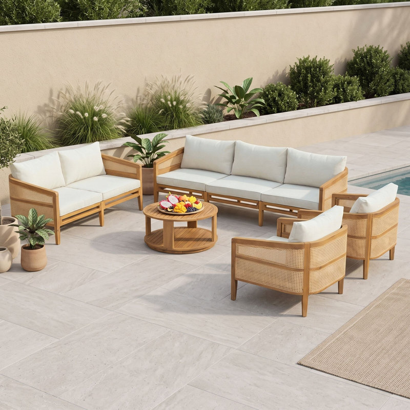 Ensemble de conversation de patio 5 pièces avec canapé 3 places, causeuse, deux fauteuils club, table basse et coussins amovibles