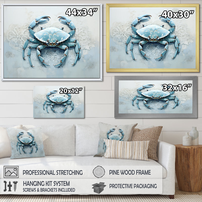 Minimalisme bleu crabe impression I - impression sur toile crabe, Cadre doré, H 30 po x l 40 po x P 1,5 po
