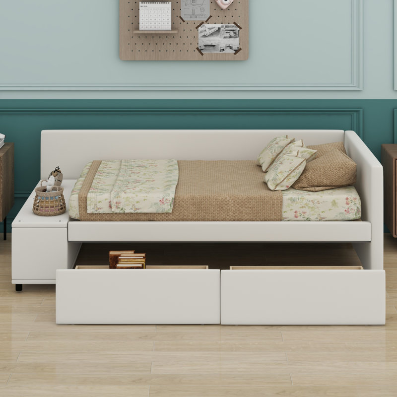 Lit plateforme tapissier en L avec rangement et tiroirs, Beige