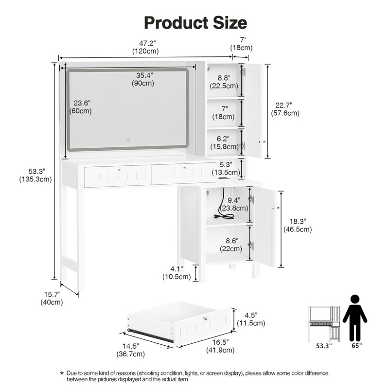 Makeup Vanity With Lighted Mirror And Built-in Power Outlets And Usb Ports For Bedroom