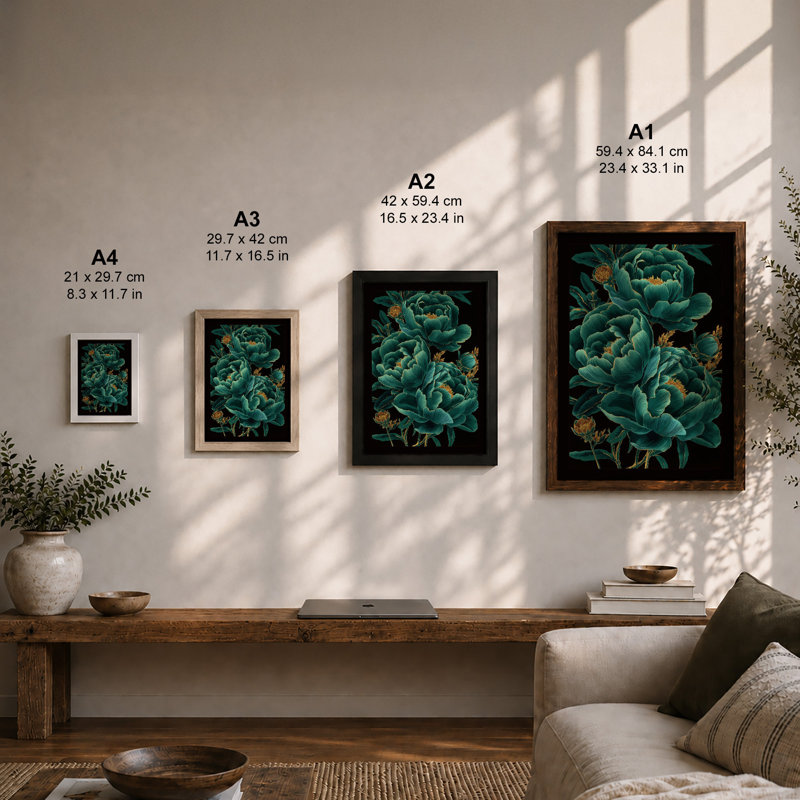 Teal Peonies Botanical - Framed Print, Unframed, A1 - 84.1 x 59.4 cm