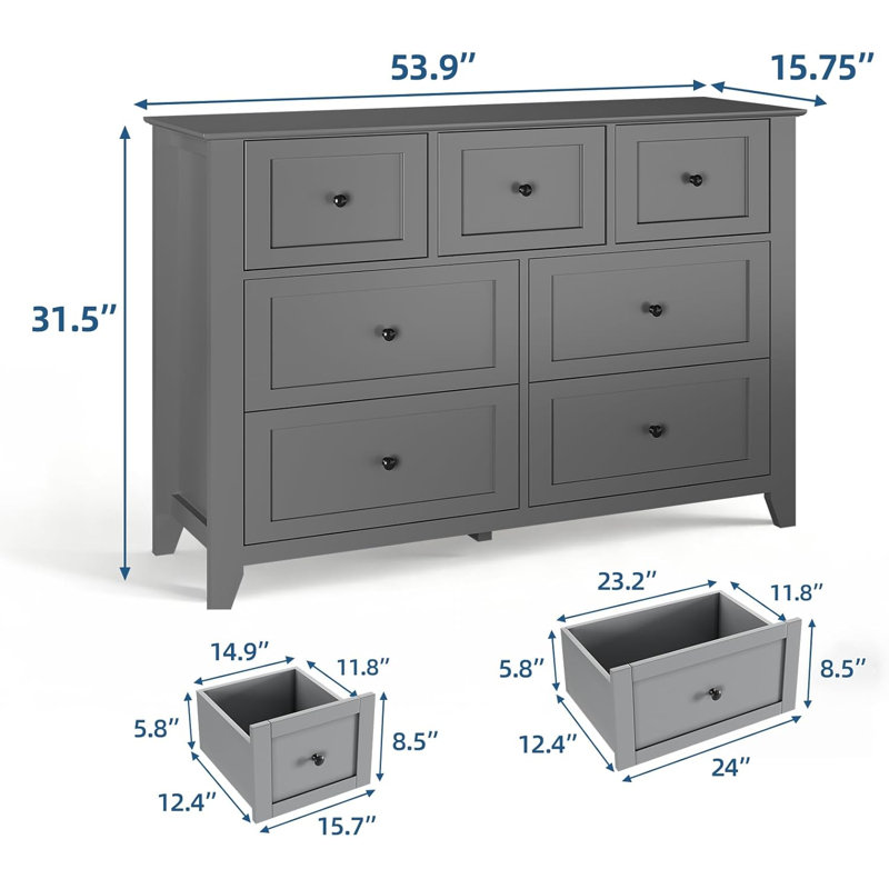 Grey 7-Drawer Storage Dresser, 2-Piece Painted Large Size Chest with Smooth Slides, Stable Inclined Base Cabinet