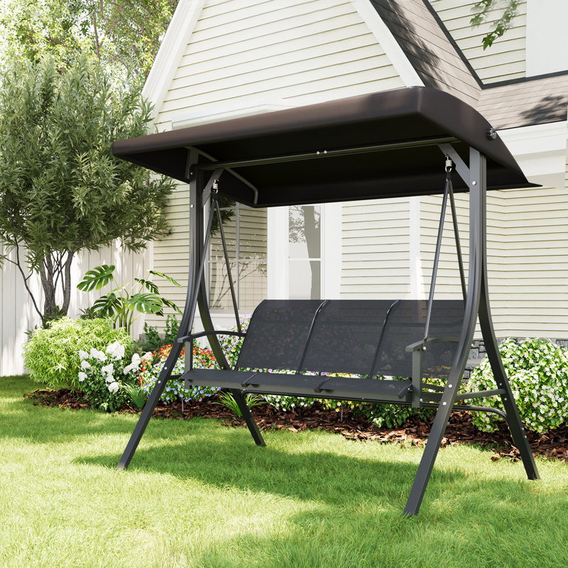 3-Seat Patio Swing Chair, Outdoor Porch Hanging Chairs with Adjustable Canopy and Armrests, Breathable Textilene Fabric Seat & Backrest, Swing Bench for Garden, Poolside, Backyard