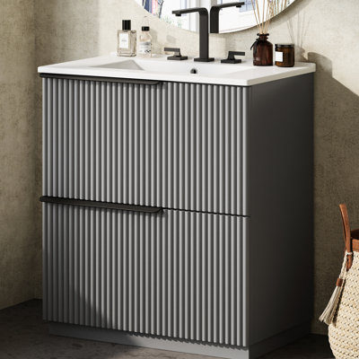 Meuble-lavabo gris 30 po avec tiroirs d'extension, glissières de tiroir à fermeture en douceur, cuve en céramique séparée, finition lustrée de 6 po de profondeur, meuble-lavabo à déversement de 17,5 po, gris, avec lavabo, système double, fonction,