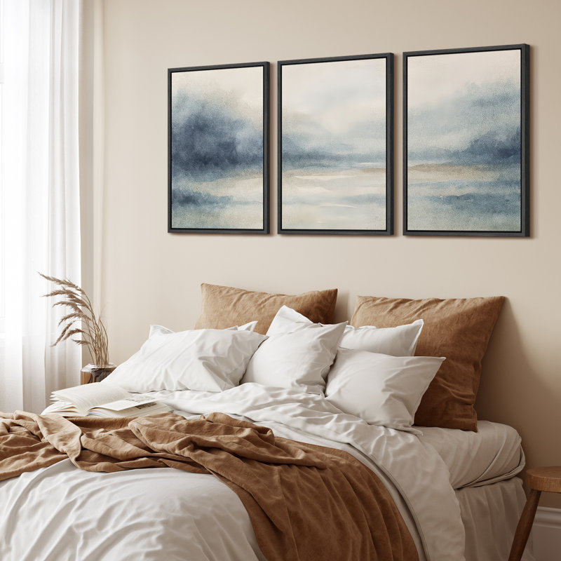 «Abstract Blue Mountain Landscape», reproduction d'art sur toile encadrée, 3 pièces, H 36 po x l 24 po x P 1,5 po, Noir