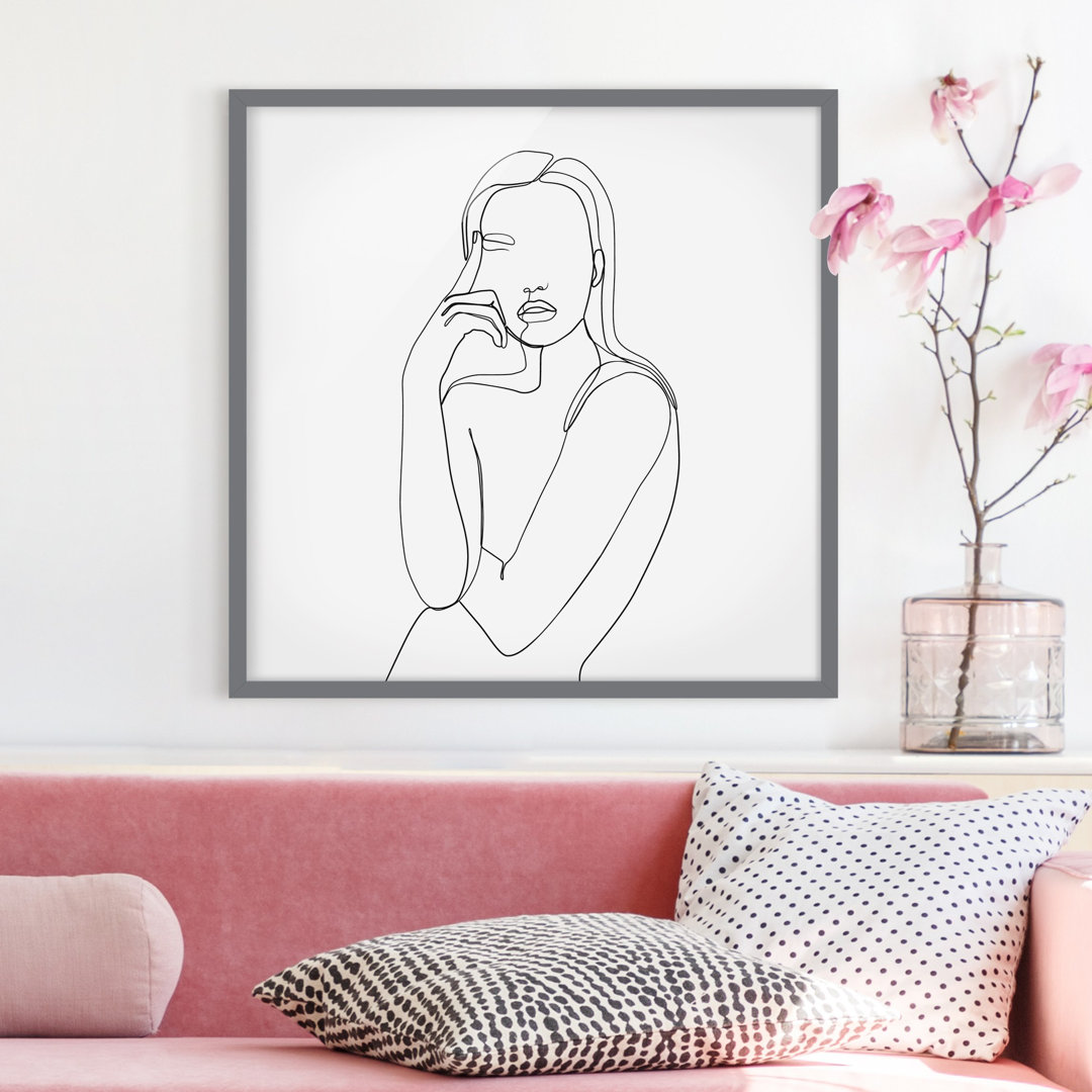 Gerahmter Kunstdruck Line Art Thoughtful Woman Black White