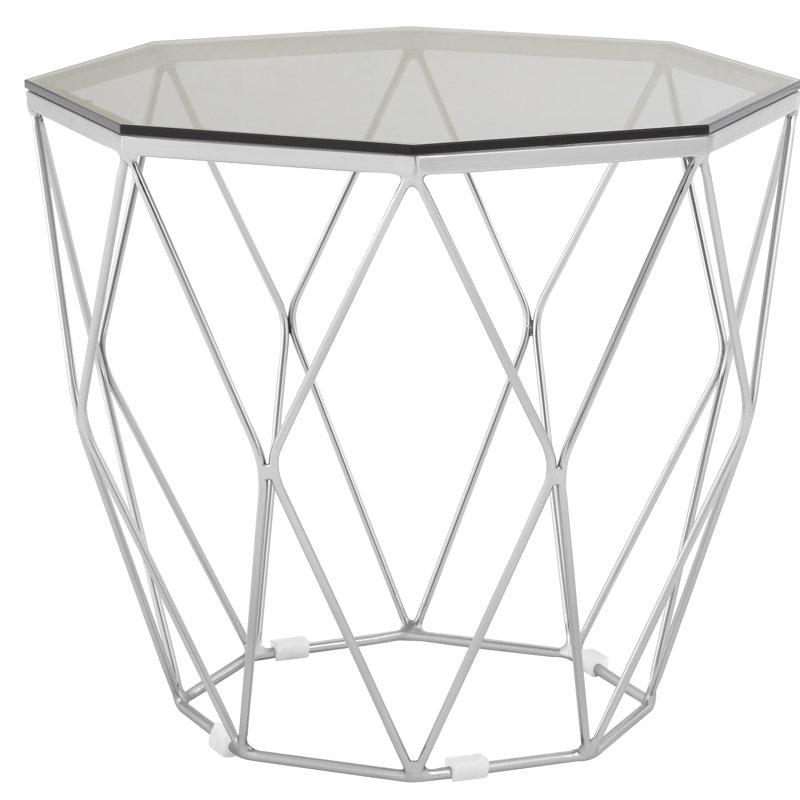 Fultz Glass Top Frame End Table, Grey, Nickel