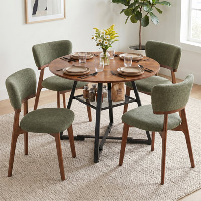 Table de salle à manger industrielle ronde brun rouille de 42 po et chaise de salle à manger rembourrée en bois massif vert 4 pièces, table de cuisine fixe avec tablette de rangement en filet et pieds croisés pour les repas en famille