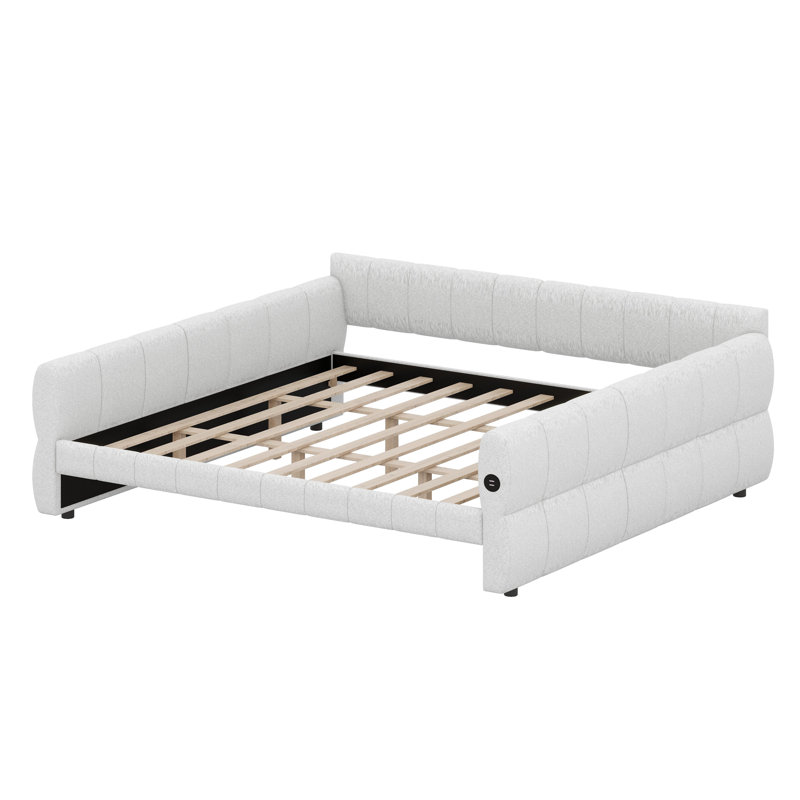 Modern Upholstered Platform Bed with Integrated USB Charging Ports, White