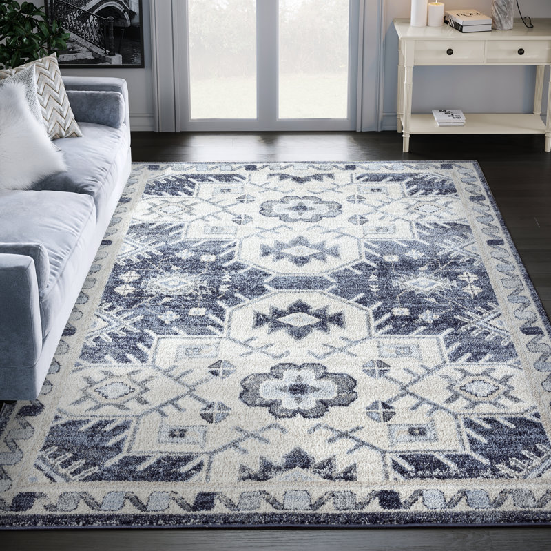 Tapis bleu à motif géométrique, Rectangle 7 pi 9 po x 10 pi 2 po