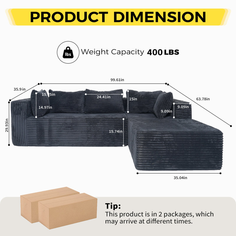 Compression Deep Seat Sectionals, 100 Inch Corduroy Modern Home Sofa