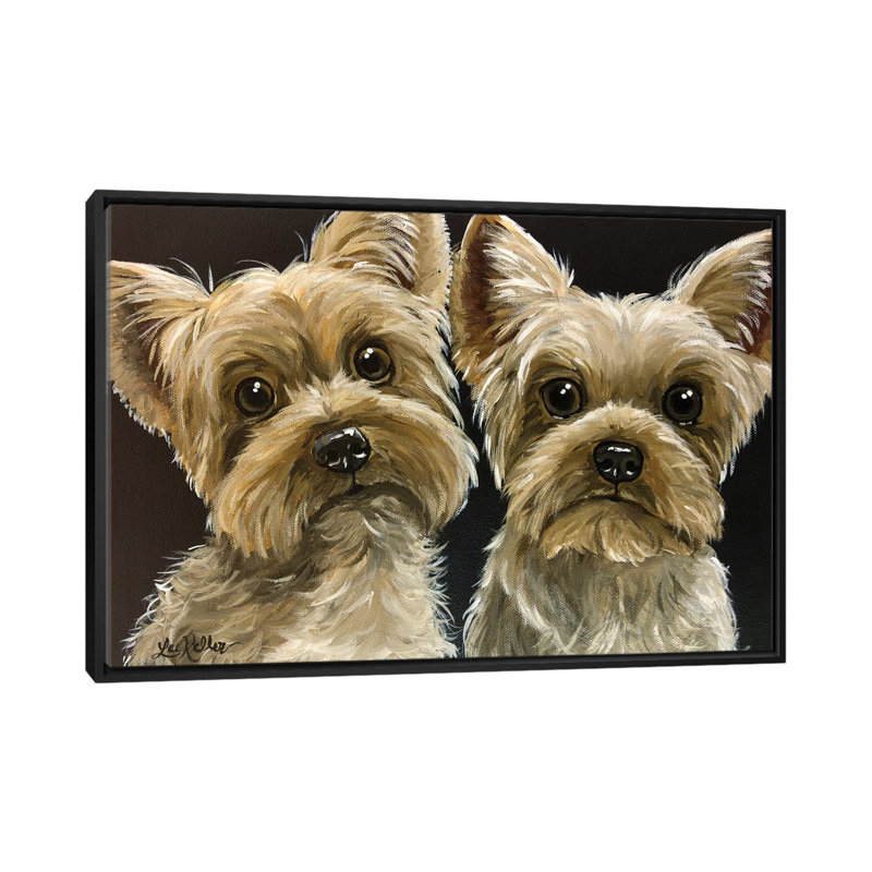 Hippie Hound Studios " Two Yorkies " by Hippie Hound Studios, 18" H x 26" W x 1.5" D, Black Framed Canvas