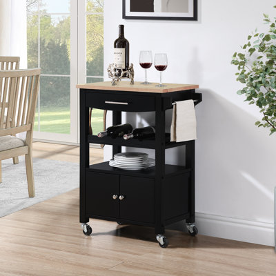 Michelle 3 Tier Butcher Block Kitchen Cart with Drawer, Wine Rack, & Cabinet