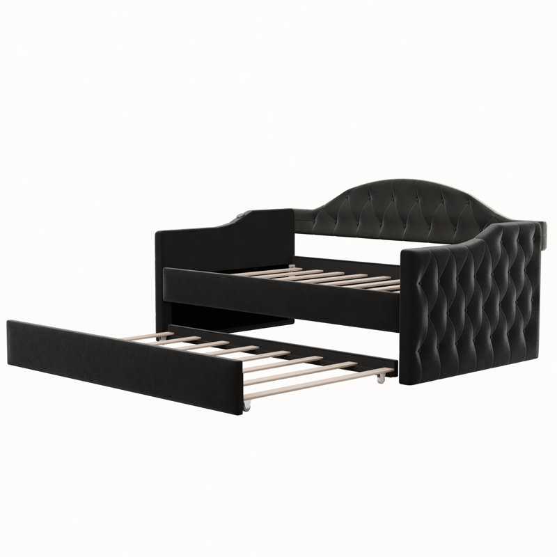 Lit de jour simple rembourré capitonné avec couchette, canapé-lit en velours avec ports USB et ports de charge de type C, aucun sommier nécessaire, noir