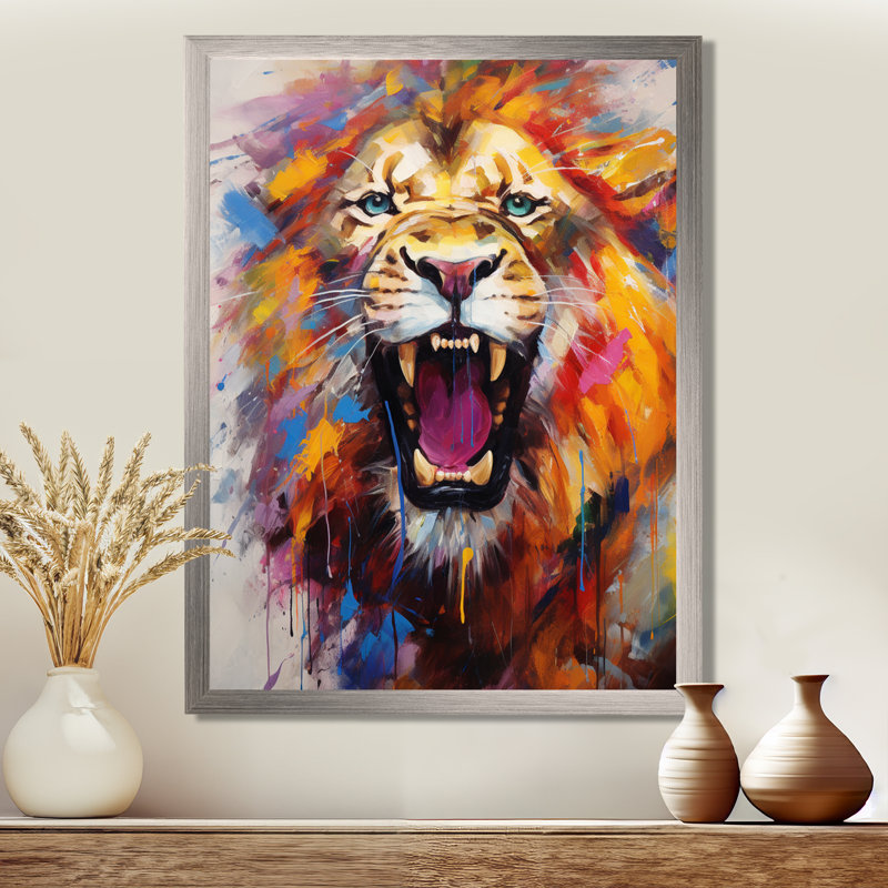 Abstrait lion rugissant - Lion, art mural, H 40 po x l 30 po x P 1,5 po, Cadre simple argenté