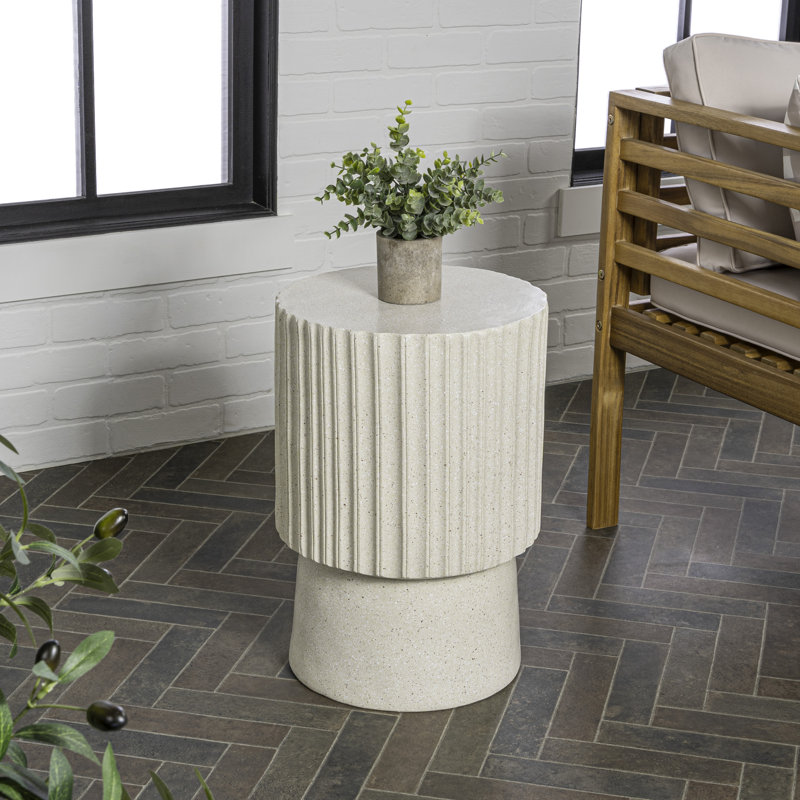 Louisa Modern 19" Fluted Outdoor Accent Table, All-Weather Cream Terrazzo Pedestal Garden Stool & Round Patio Side Table