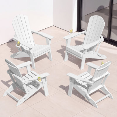 Set of 4 Folding Adirondack Chairs, Wood Texture, Cup Holder, All-Weather HDPE