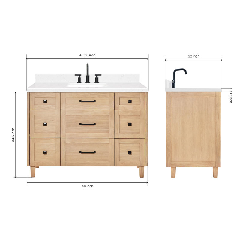 ARIEL Monroe 48 Single Sink Bathroom Vanity with Carrara Quartz Top, Oak, 48", Carrara White Quartz