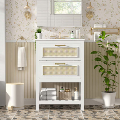 Meuble-lavabo avec lavabo intégré en céramique, meuble-lavabo avec 1 tiroir profond, 1 tiroir basculant, meuble-lavabo simple pour salle de bain de petite et moyenne taille (robinet non inclus)