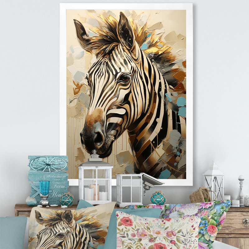«Beige et or», impression zèbre sur toile, H 32 po x l 24 po x P 1 po, Cadre simple blanc