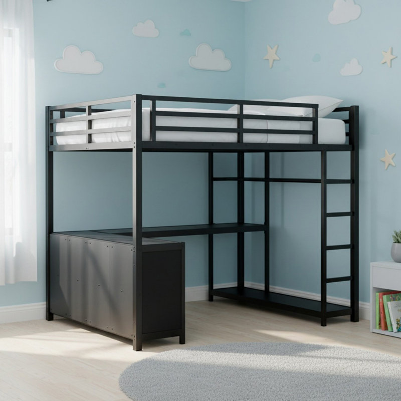 Metal Loft Bed with Wardrobe and L-shaped Desk, Full Size Loft Bed with Storage Cubes and Shelves, Loft Bed for Kids Teens Adults