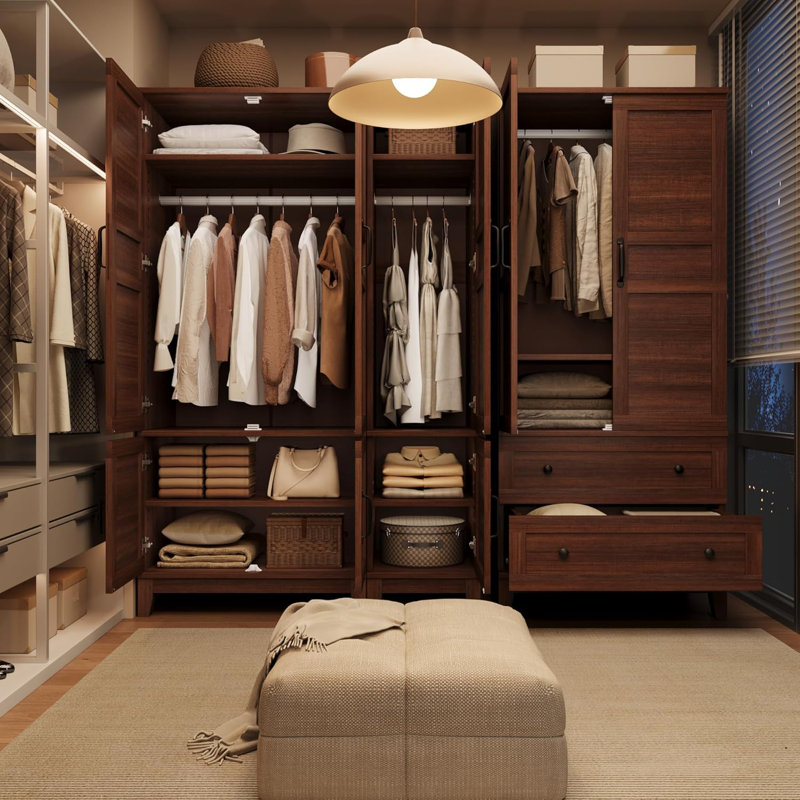Armoire-penderie 72 po en bois avec 4 portes, tringle suspendue, 18 tablettes réglables, grande armoire de rangement pour vêtements autoportante pour chambre à coucher, brun noyer