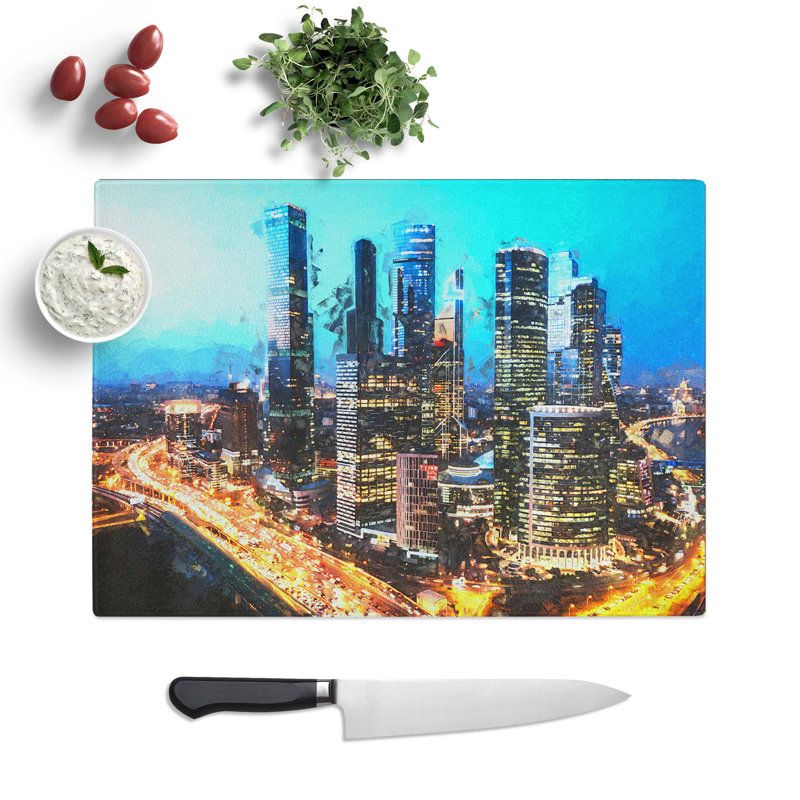 Glass Moscow Russia Skyline in Abstract Chopping Board, 39 cm W x 28.5 cm L