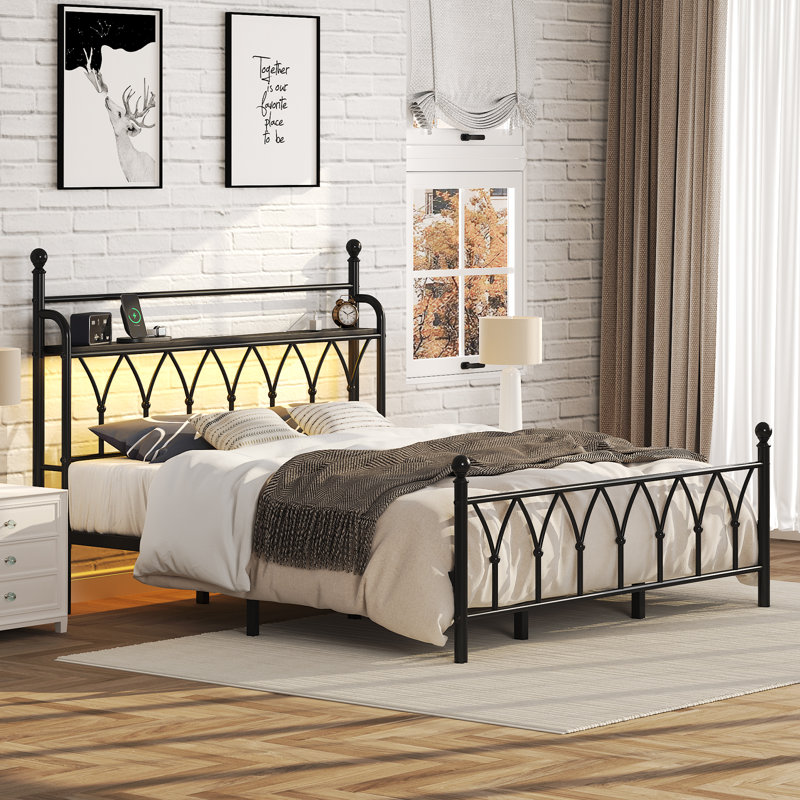 King Metal Platform Bed with Floral Style Headboard, Bed Frame with RGB LED Lights, Charging Station & Ample Storage Space, Easy Assembly, Black