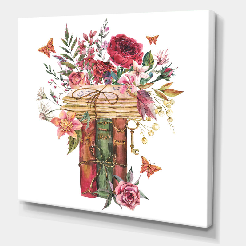 Vieux livres rétro avec fleurs sauvages - impression sur toile tendue, H 16 po x l 16 po x p 1 po
