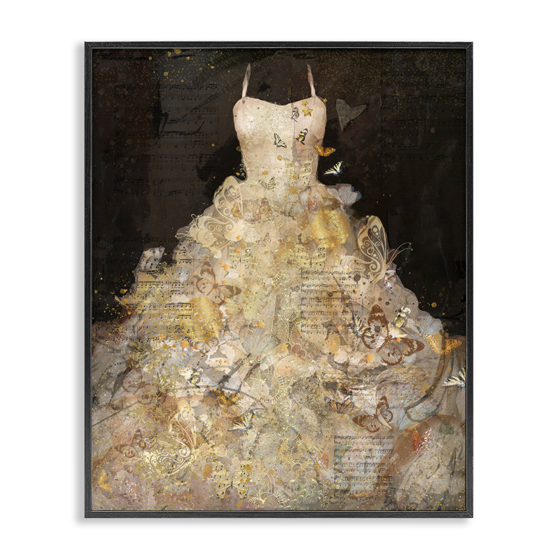 Collage détaillé de la robe de soirée avec collage de papillons par Marta Wiley - impression, Giclée encadrée noir minuit