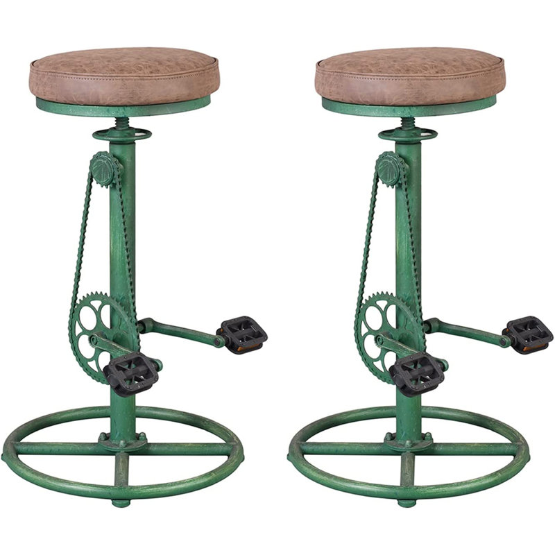 Analeesa Swivel Upholstered Adjustable Height Counter Stool with Metal Frame, Brown  Faux Leather/Antique Green Frame