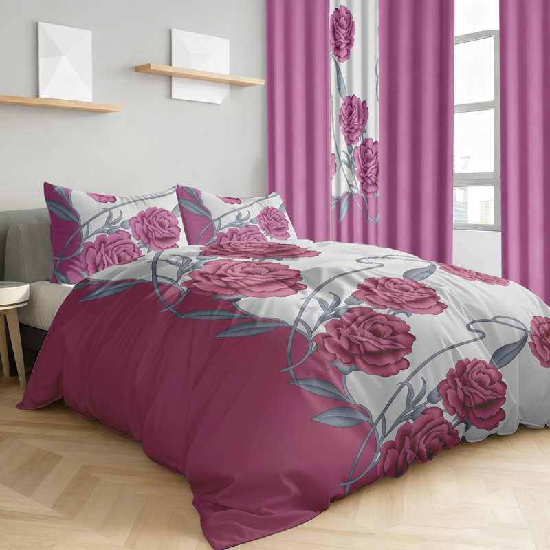 Queen Size Comforter Set 9 Pieces, All Season Luxury Bed in a Bag for Bedroom, With Matching Curtains, Soft Microfiber, Pink Rose