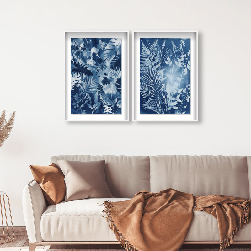 Blue Folliage Set Shadowbox Floral & Botanical Print by Oliver Gal, Black Frame, 10 x 15, 31.5"H x 46.5"W, White Shadowbox