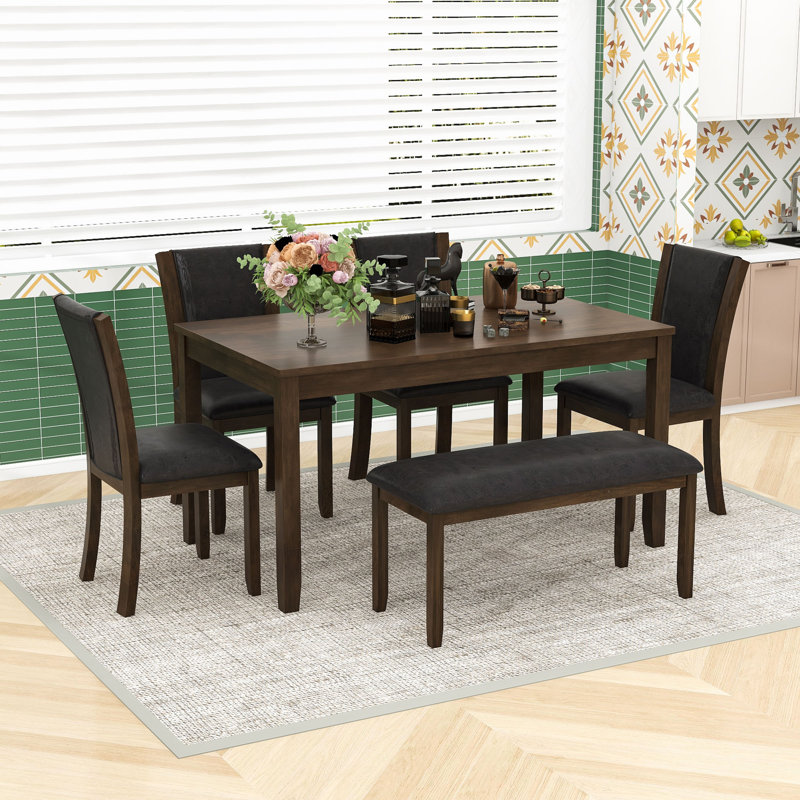 Ensemble de table de salle à manger 6 pièces avec banc et chaises, Noyer foncé