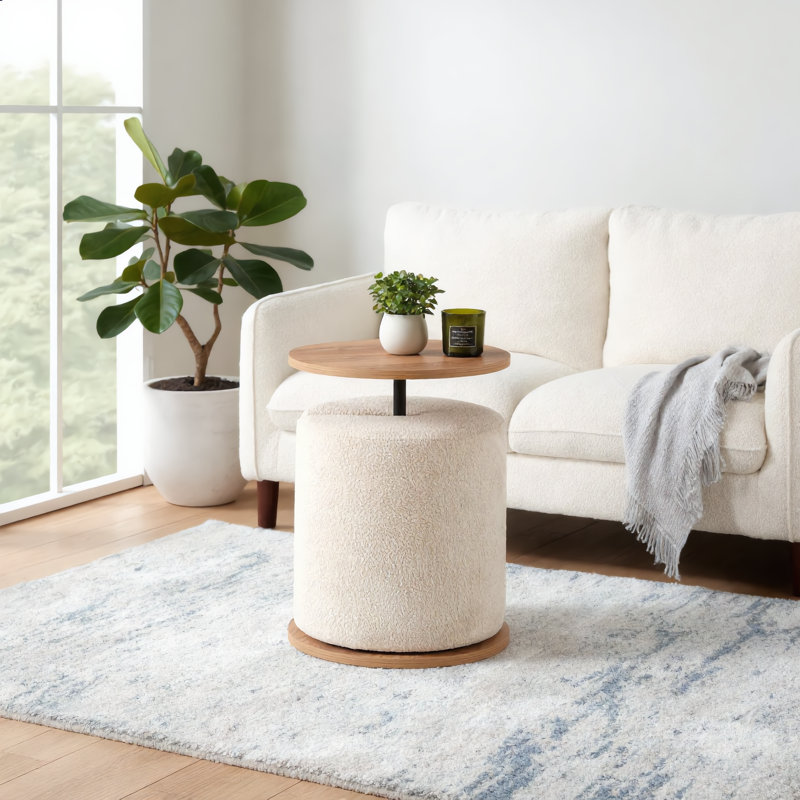 Table d'appoint ronde en placage de chêne avec repose-pieds dissimulé en tissu Teddy, table de bout de 17,3 po de diamètre avec siège escamotable, mobilier d'appoint peu encombrant pour le salon et la chambre à coucher