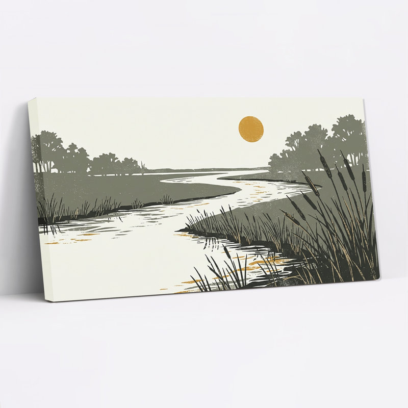 Tableau sur toile représentant une rivière sinueuse avec des quenouilles et un soleil jaune, 24"W x 12"H