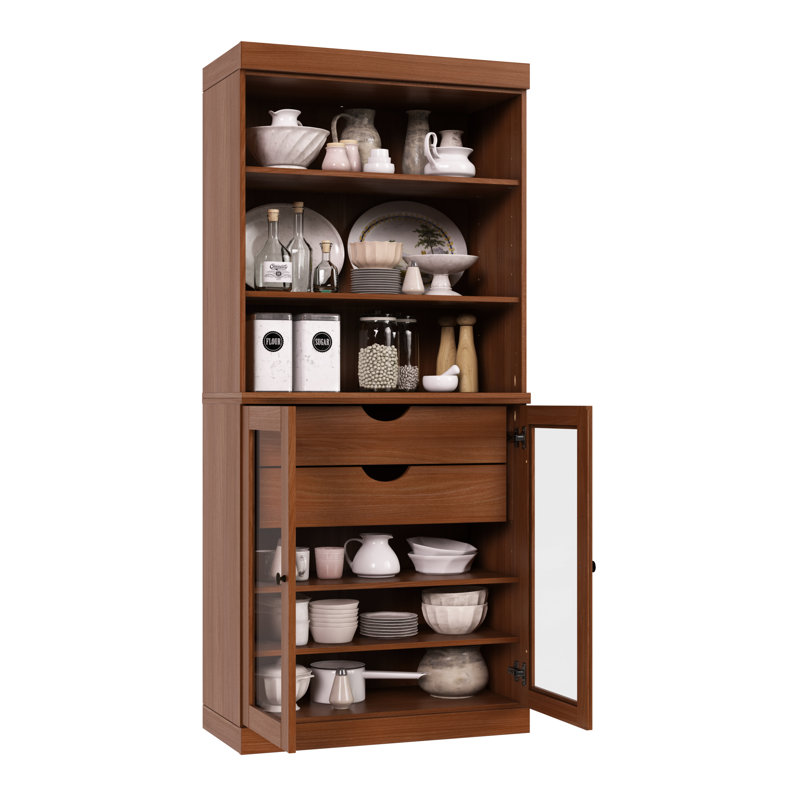 Garde-manger 100% bois massif Kaniesha 32 po avec portes en verre transparent, 2 tiroirs et tablettes réglables, Mocha