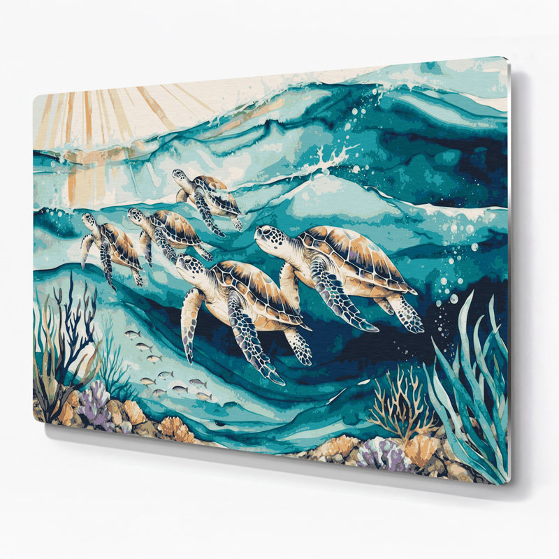 Art mural en métal beige, "Coastal Sea Turtle", H 12 po x l 18 po