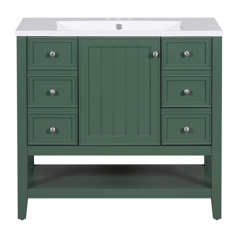 Meuble-lavabo 36 po avec lavabo, une armoire et trois tiroirs, bois massif et panneau de fibres à densité moyenne, vert, Vert