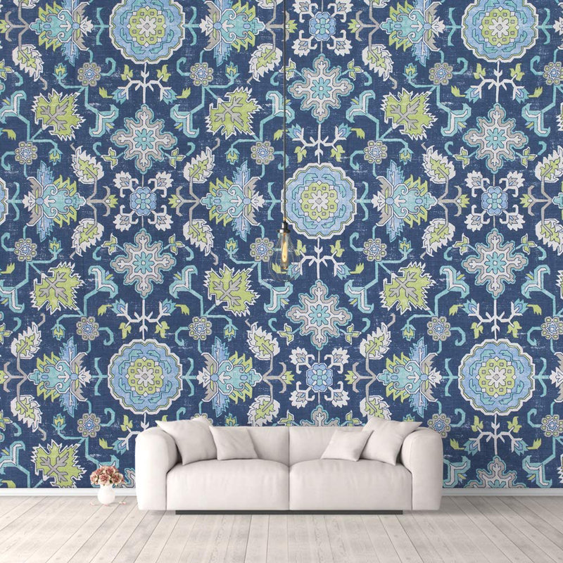 Toile Damask Peel & Stick Floral Border, Navy, 66" L x 96" W