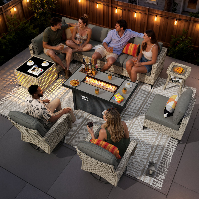 10-piece outdoor wicker patio furniture set with fire pit table, swivel chair and colorful cushions, Black, Yes