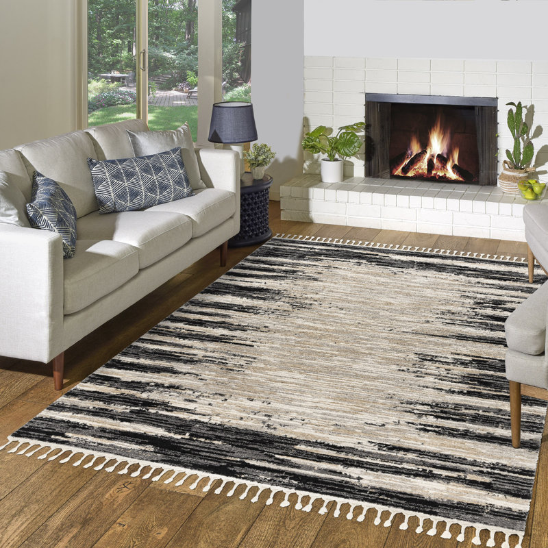 Gertmenian Rafe Dax Modern Abstract Grey/ Black/ Ivory Polyester Microfiber Plush Area Rug, Rectangle 5'3" x 7'